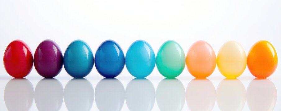 Easter banner with colorful eggs in row on white background, Front view