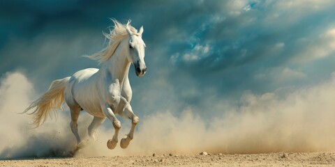Majestic White Horse Galloping in the Desert