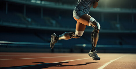 Parasport. woman para athlete on prosthetic leg running track stadium, para athletics championships