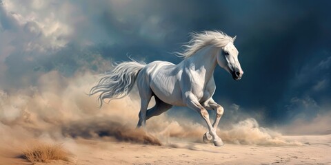 Obraz na płótnie Canvas Majestic White Horse Galloping in the Desert