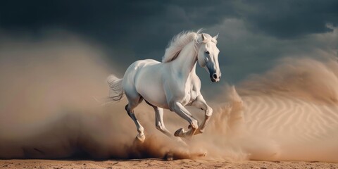 Majestic White Horse Galloping in the Desert