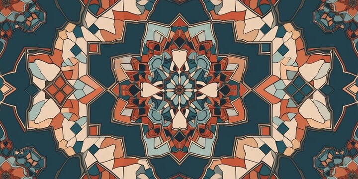 A symmetrical geometric design reminiscent of Islamic art, with intricate patterns and geometric motifs.