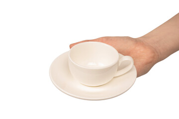Fototapeta na wymiar Female hand holding coffee cup and saucer isolated on white background.