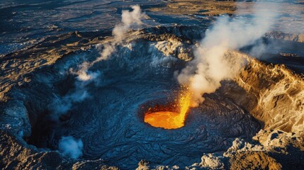 Fototapeta premium An aerial view of the volcanic eruption in the National Park