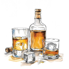 Bottle and glasses with alcoholic beverages on white background, color sketch illustration