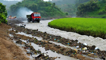 Fototapeta premium Image showing the types and impacts of water, air and industrial pollution upon the society