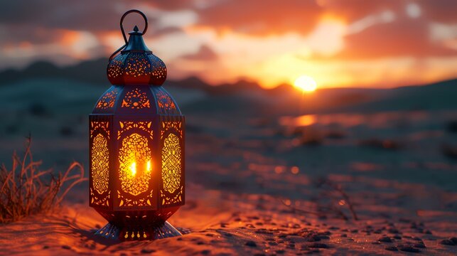 Lantern in the desert at sunset. Ramadan Kareem background