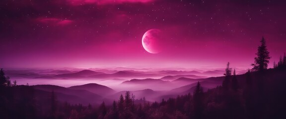 magenta gradient mystical moonlight sky with clouds and stars