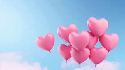Pink heart shape balloons isolated on sky blue background. Valentine's Day card 