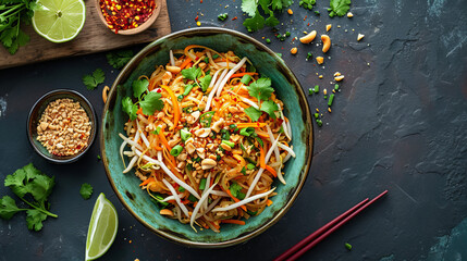 vegetarian pad thai in a bowl, top view with copy space - obrazy, fototapety, plakaty
