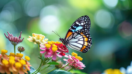 Obraz premium Butterflies with intricate patterns on vibrant flowers, natural background