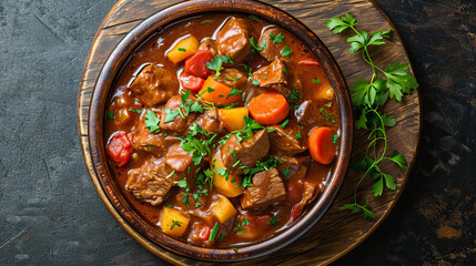 spicy Hungarian goulash with meat and vegetables, top view
