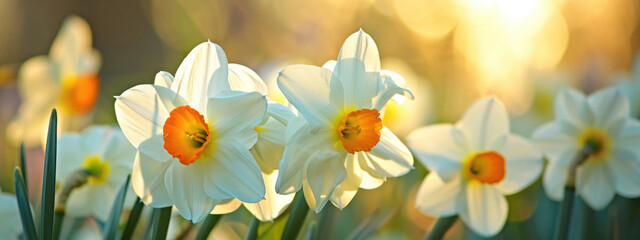 Sunlit daffodils with white petals and vibrant orange centers, spring renewal
