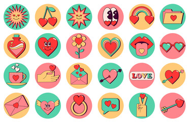Set of Round Stickers in Groovy Retro Style. Icons about love for Valentine's Day. Rainbow,  heart, lips with  tongue,  hand holding  heart, glasses,  potion, cherries. Icons for social media stories.