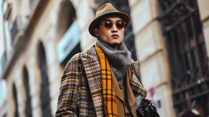Fototapeta premium Extravagant young man on the street dressed in the Old Money Aesthetic style
