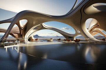 Fototapeta premium Futuristic architecture with fluid design, organic shapes and curved lines