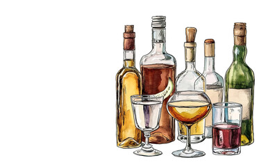 Obraz na płótnie Canvas Bottles and glasses with alcoholic beverages on white background, space for text on the left, color sketch illustration