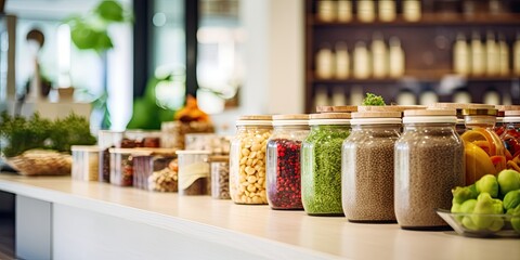 Eco-friendly grocery store with wooden counter and beautiful product shelf in background. Healthy products displayed, daylight, blurred, selective focus.