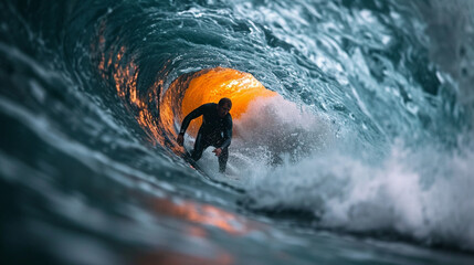A dynamic close-up of a surfer navigating a challenging wave tunnel, surrounded by the frothy embrace of seawater, showcasing the intensity and focus required to conquer the power