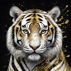 Beautiful Tiger Captured in Gold Paint Splatter Gaze 