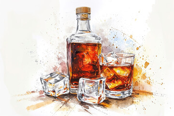 Bottle and glass with alcoholic beverage with ice on white background, color sketch illustration