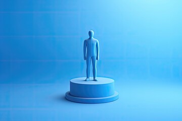 3D rendering of a man in a suit on a round platform with a blue background.
