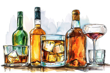 Bottles and glasses with alcoholic beverages on white background, color sketch illustration