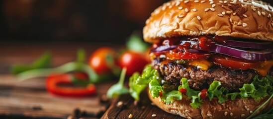 Vegetable and beef burger in closeup.