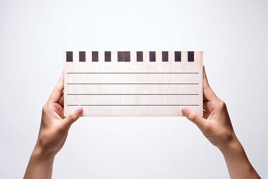 Hands holding a wooden clapperboard slate against a white background.