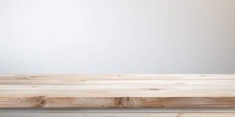 Wooden table top on abstract white background, panoramic banner - suitable for showcasing or creating product collages.