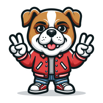 Cute cartoon bulldog puppy in varsity jacket giving peace sign mascot character design vector, logo template isolated on white background