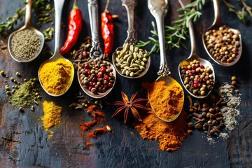 Tableau sur plexiglas Cuisine Vintage spoons with different spices on dark background.  © julijadmi