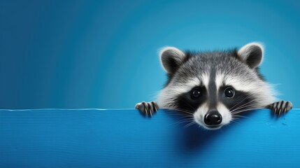 raccoon on blue wall, cute furry animal background, Generative AI