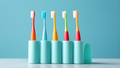 Different toothbrushes in holder on light blue background, closeup