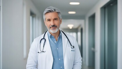 Portrait of confident mature doctor standing in hospital corridor. Handsome doctor with gray hair wearing white coat, stethoscope around neck standing in modern private clinic