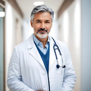 Portrait of confident mature doctor standing in hospital corridor. Handsome doctor with gray hair wearing white coat, stethoscope around neck standing in modern private clinic
