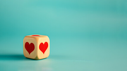 Un dado de madera de pino con corazones rojos sobre fondo azul para el día de San Valentín