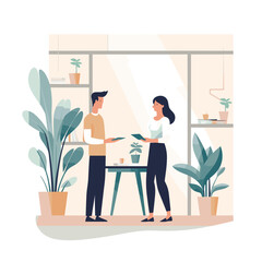 Man and woman employee talking with each other in modern office space