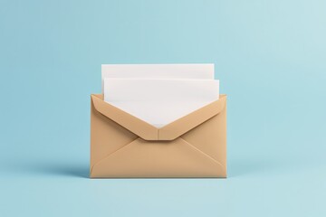 Envelope and papers in a brown mail package against a blue backdrop.