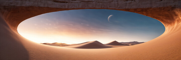 Fototapeta na wymiar view of a mountain landscape through a sand ellipse with a desert in the foreground