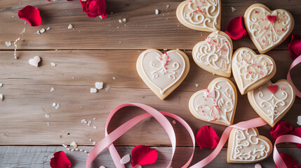 Decorated heart-shaped cookies on a wooden table, accompanied by scattered rose petals and pink ribbons - Powered by Adobe