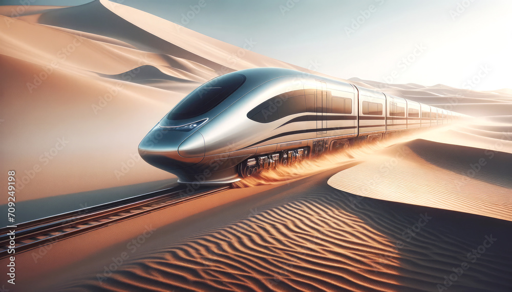 Wall mural ai illustration of a futuristic train speeding across vast sand dunes.