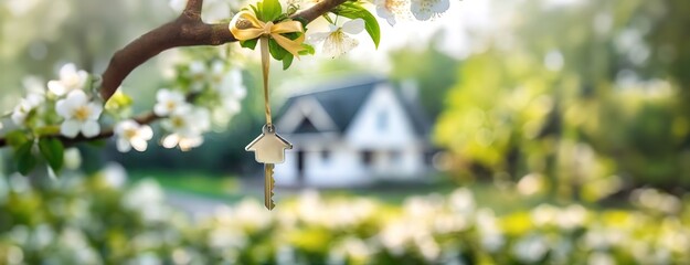 House key hanging from a blooming tree branch in spring garden. Flowering background, blurred...