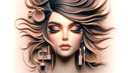 AI illustration of An artistic depiction of a doll and makeup products arranged around her.