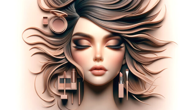 AI illustration of An artistic depiction of a doll and makeup products arranged around her.