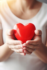 Woman's hands holding a red heart, symbolizing love and passion for Valentine's Day.