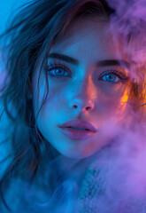 Fototapeta premium A Young Female model in a surround dissolve in neon swirling flowing smoke fog