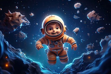Delighted animated child astronaut floating in space with asteroids.