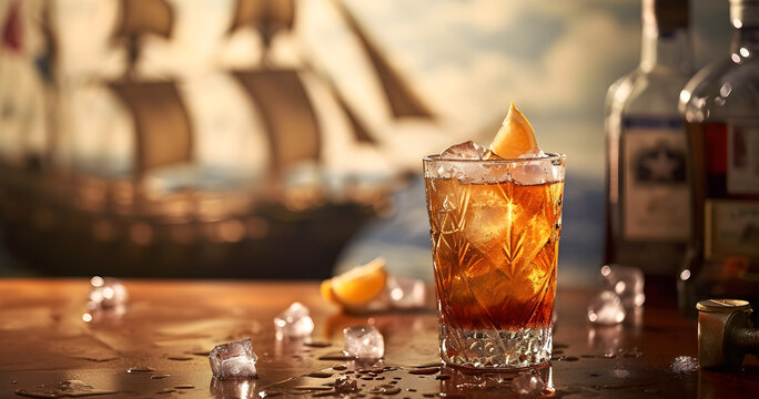 A glass of rum with ice presented on a wooden table, with pirate ships in background. 