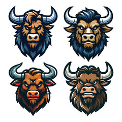 set of wild strong animal bull head face mascot design vector illustration, logo template isolated on white background
